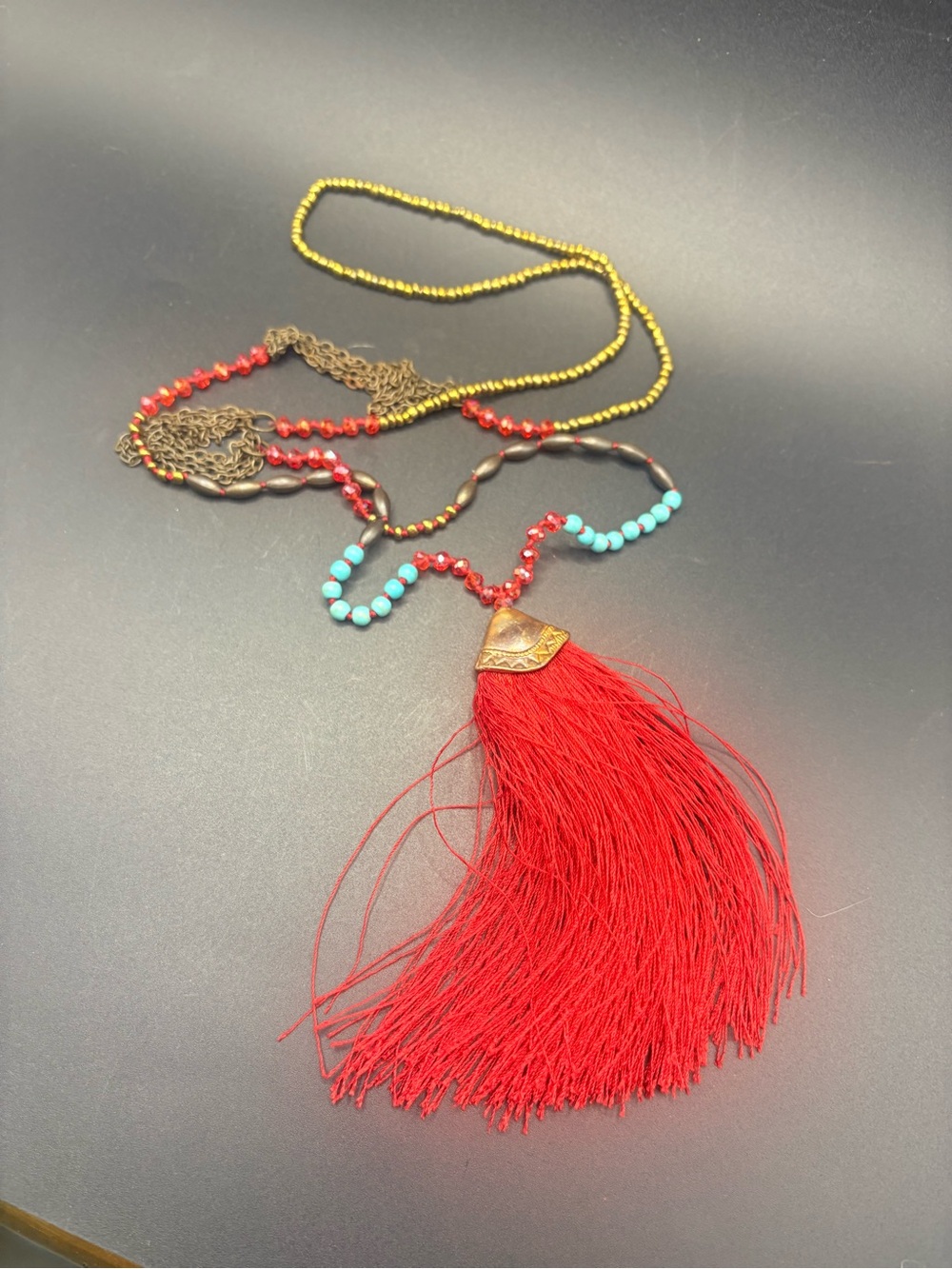 Red Tassel Beaded Necklace with Turquoise Accents
